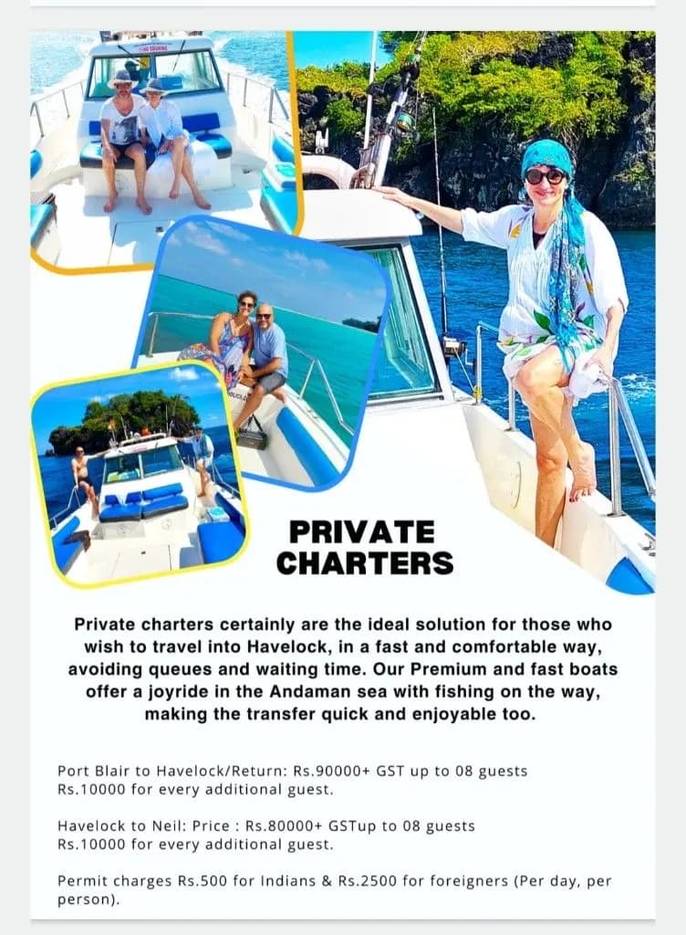 Private charter guests on a white motorboat in the Andaman Islands